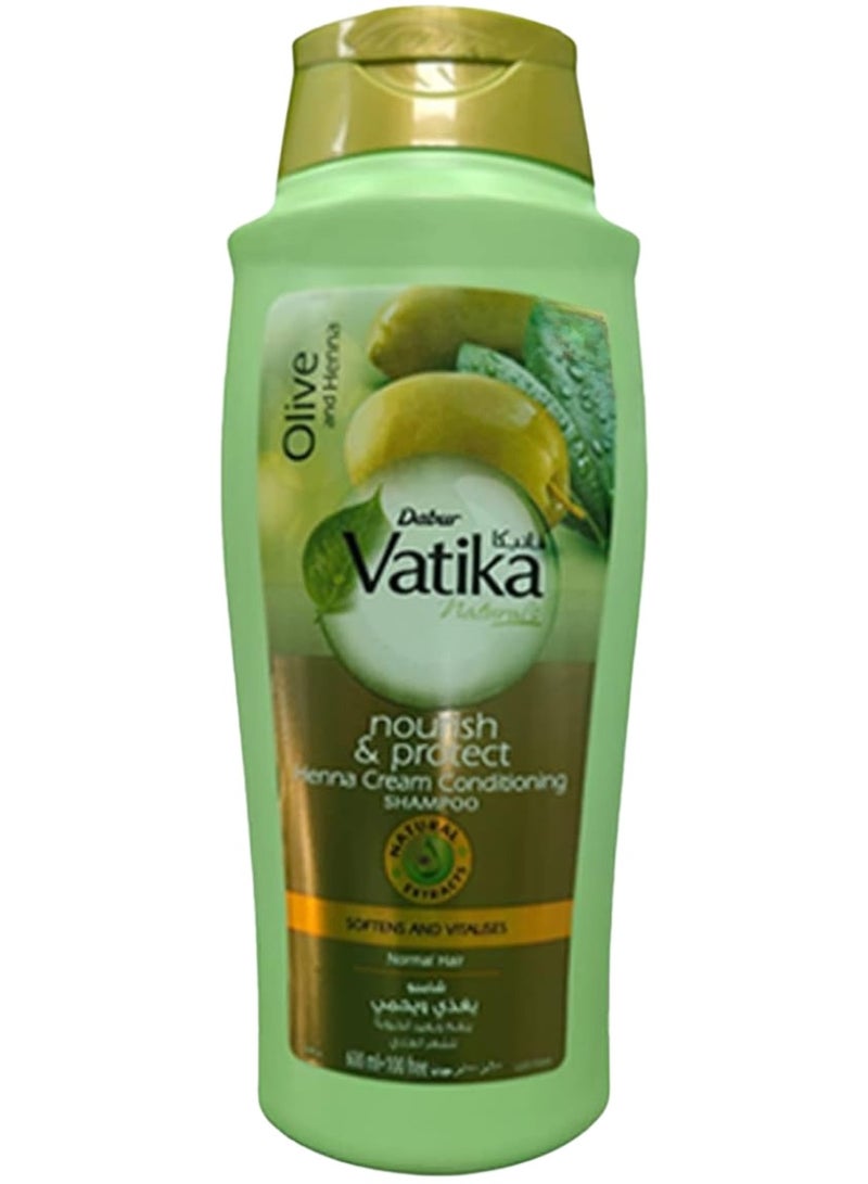 Dabur Vatika Naturals Nourish & Protect Shampoo | Olive & Henna Conditioning Cream | Softens & Vitalizes | For Normal Hair Green 600ml - Image 1