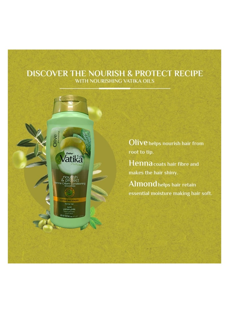 Dabur Vatika Naturals Nourish & Protect Shampoo | Olive & Henna Conditioning Cream | Softens & Vitalizes | For Normal Hair Green 600ml - Image 3
