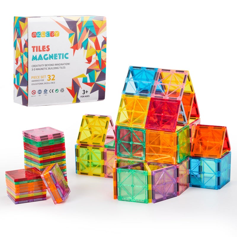 OugerToy 32-Pack Magnetic Tilesâ€“Rainbow Builder Set, 2.95in STEM Construction Kit with Transparent Windows, Expand Creative Play for Kids - Image 1