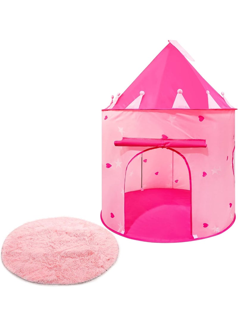 Woanger Woanger Princess Castle Play Tent Round Shaggy Area Rug Set Room Decor 39 x 39 Inch Circle Fluffy Plush Cute Rugs for Bedroom Foldable Tent for Kids Girls Indoor Outdoor Pet Living Room Heart Style  - Image 1