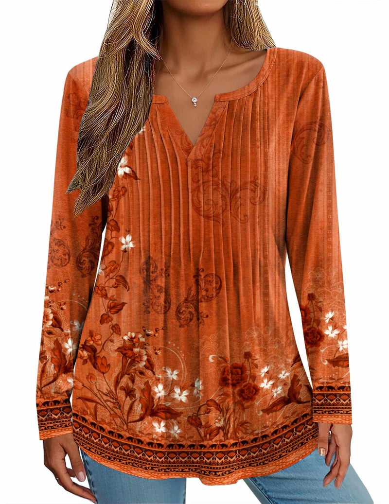 Zeagoo Womens Fall Shirts Dressy Casual Tunic V-Neck Work Blouses Long Sleeve Tops Floral Print Loose Fit Tee L - Image 2