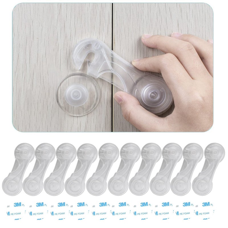 Child Safety Cabinet Locks 10 Pack  Baby Proofing Latches Lock for Drawers Toilet Seat Fridge Oven with 10 Extra 3M Adhesives Transparent
