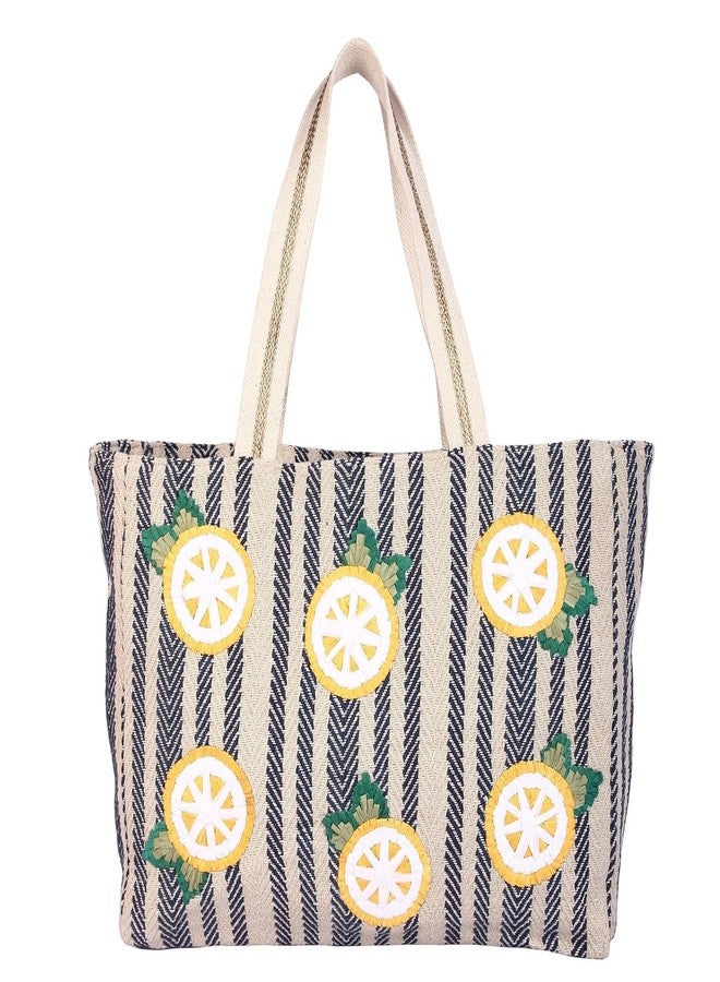 VASA Lemon straw raffia embroidery tote bag in 100% cotton sustainable Indian handloom herringbone jacquard fabric - Image 1