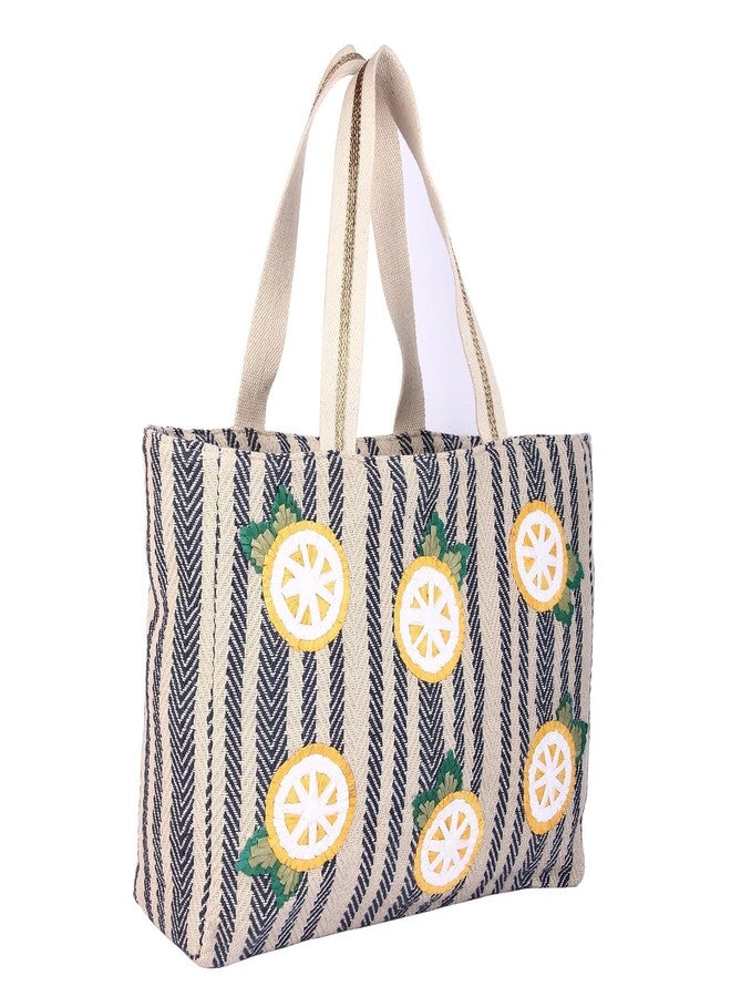 VASA Lemon straw raffia embroidery tote bag in 100% cotton sustainable Indian handloom herringbone jacquard fabric - Image 2