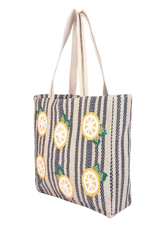 VASA Lemon straw raffia embroidery tote bag in 100% cotton sustainable Indian handloom herringbone jacquard fabric - Image 3