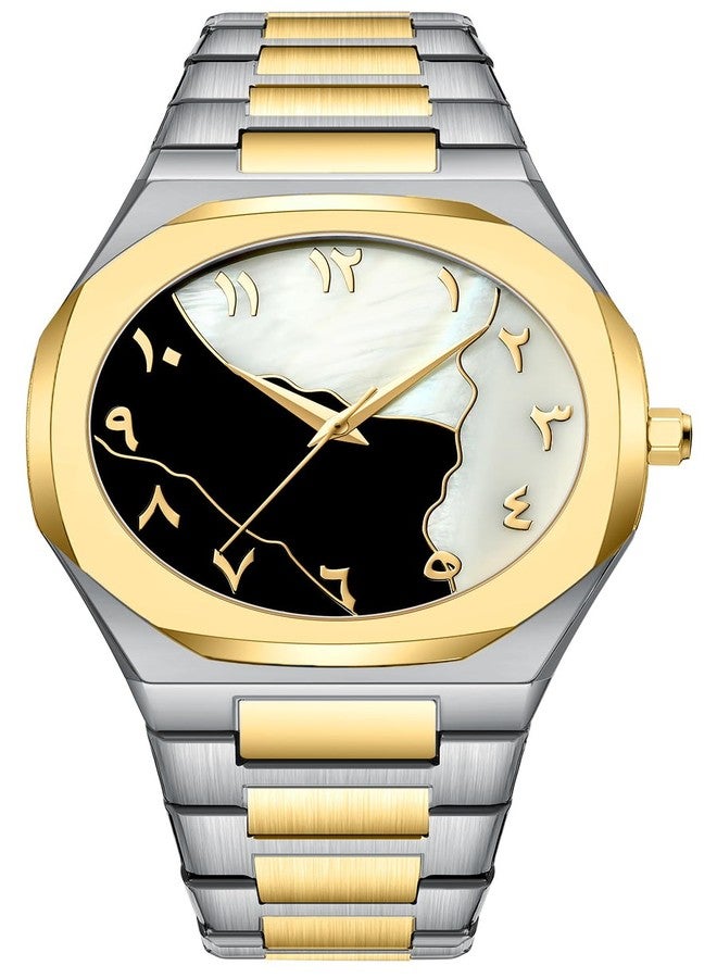 Gosasa Fashion Men's Quartz Watch with Middle Eastern Arabic Numeral Dial Design Stylish Stainless Steel Waterproof Business Casual Wristwatch, Gold 1, Fashion - Image 1