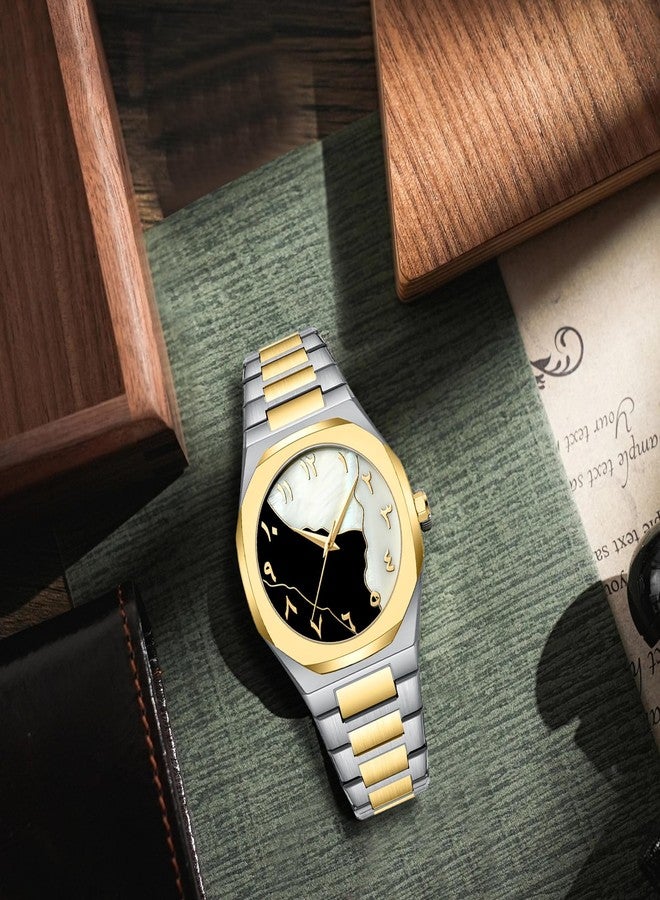 Gosasa Fashion Men's Quartz Watch with Middle Eastern Arabic Numeral Dial Design Stylish Stainless Steel Waterproof Business Casual Wristwatch, Gold 1, Fashion - Image 4
