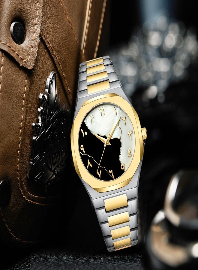 Gosasa Fashion Men's Quartz Watch with Middle Eastern Arabic Numeral Dial Design Stylish Stainless Steel Waterproof Business Casual Wristwatch, Gold 1, Fashion - Image 3