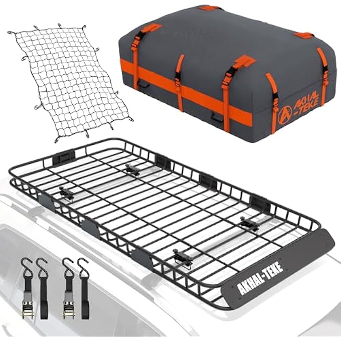 rayihni Roof Rack Basket, Upgraded 84"x 39"x 4" Roof Rack Cargo Carrier with 21 Cubic ft Cargo Bag, 4' X 6' Cargo Net, 2 pcs Ratchet Strap and Anti-Rust Sealant Fits for SUV Truck Cars - Image 2