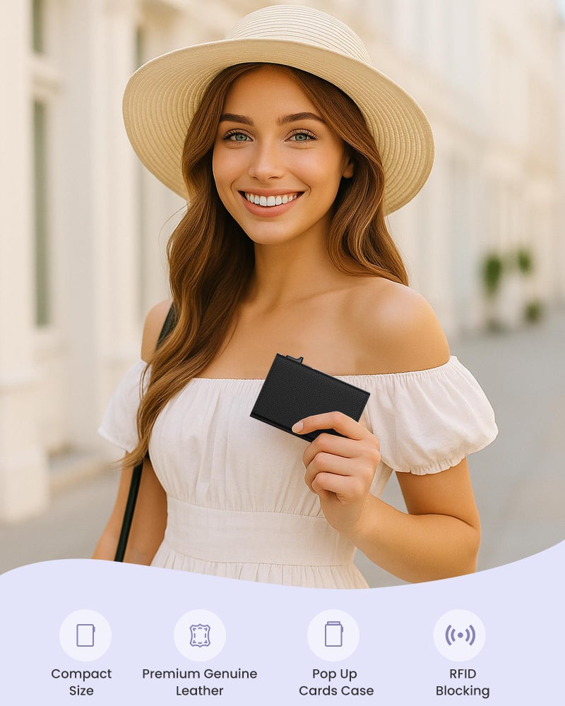 typecase Womens Wallet Card Holder: Pop Up Card Case, Genuine Leather, RFID Blocking, Slim, Minimalist, Thin, Small Size - 9-14 Card Capacity, ID Window, Cash Pocket (Black) - Image 2