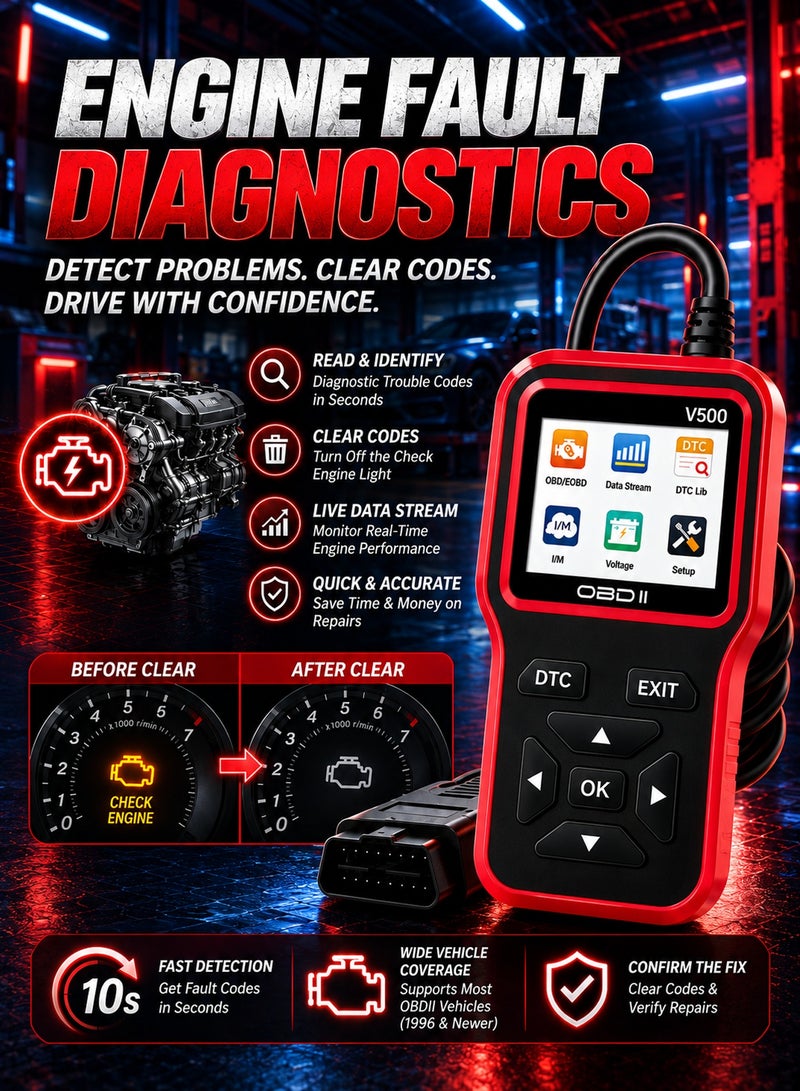 Jourvent OBD2 Scanner Diagnostic Tool - Check Engine Light Code Scanner Tool with Reset, DTC, Data Stream, I/M Readiness, Car & Truck Scan Tool for All Vehicles - Image 3