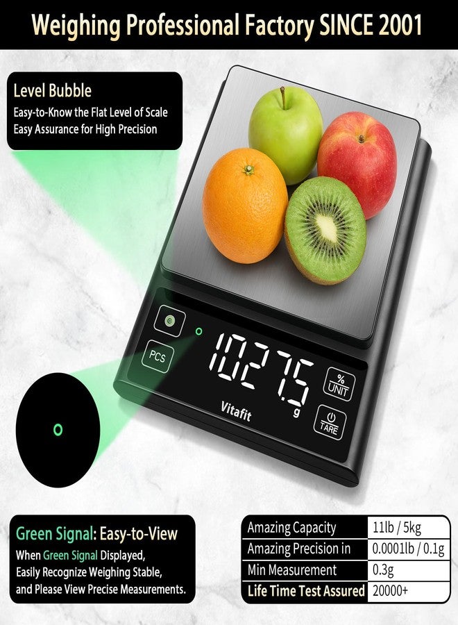 Vitafit 11lb Food Scale, High Accuracy 0.0001lb by Our Professional Factory Since 2001, Digital Kitchen Scale with% Percentage Function for Cooking,Baking&Coffee, Stainless Steel,Big LED, Black - Image 2