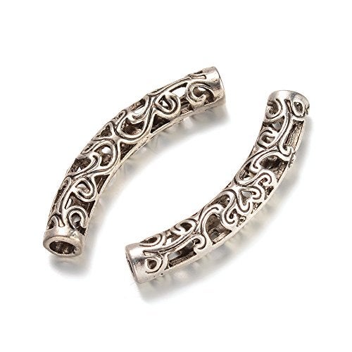KISSITTY 100-Piece Antique Silver 6mm by 36.5mm Filigree Long Curved Noodle Tube Spacer Beads with 3mm Holes - Image 1