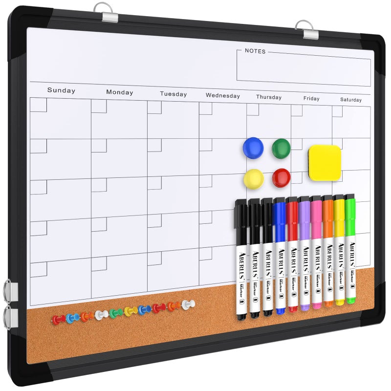 ABERLLS Monthly Calendar Whiteboard Dry Erase Cork Board Combination for Wall, 17x13 Magnetic Dry Erase Board, Double-Sided White Board, Portable Board for Office, Planning, Memo, School, Home (Black) - Image 1