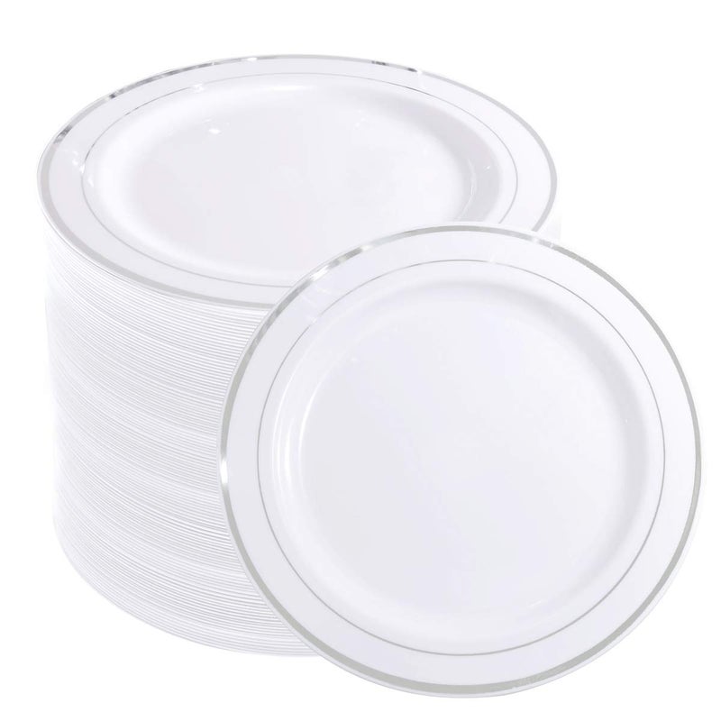 WELLIFE 144 Pieces Silver Plastic Dessert Plates 75 inch Disposable Salad Plates Premium White Appetizer Plates with Silver Rim Ideal for Party Wedding