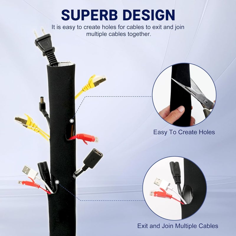 CableGeeker Cable Management Sleeve 5ft (60 inch) - 1.5 inch, 2-Pack, Hook-and-Loop Cuttable Neoprene Cord Organizer, Split Wire Reversible Cord Protector for TV USB PC Ethernet Cable Hider Protect Pets Kids - Image 2