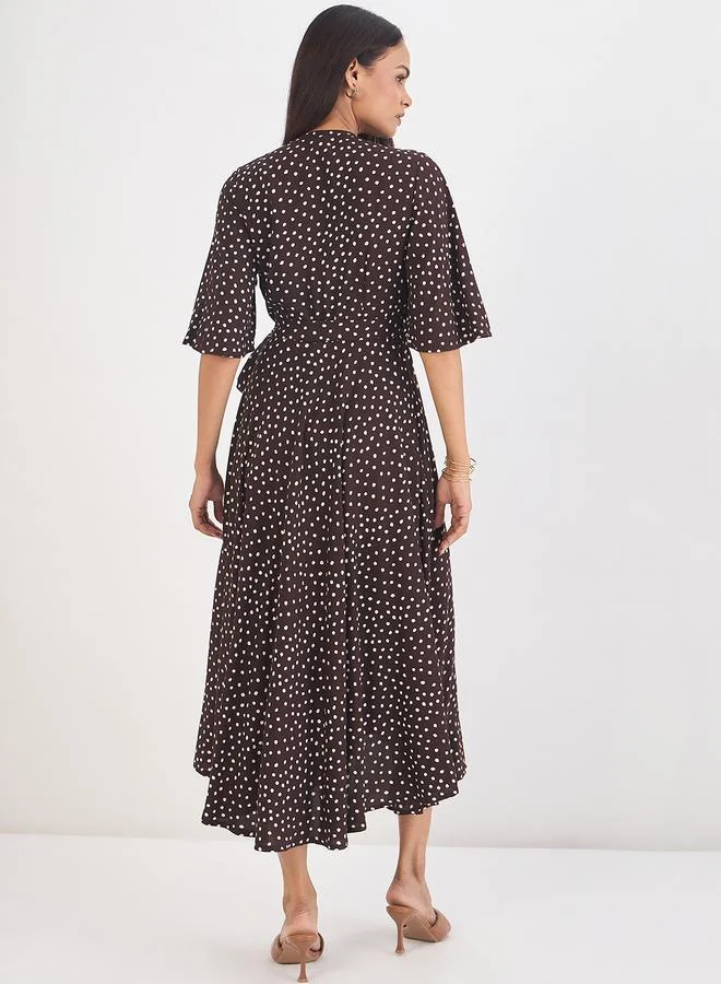 Femmella Women Brown Polka Dot Wrap Midi Dress