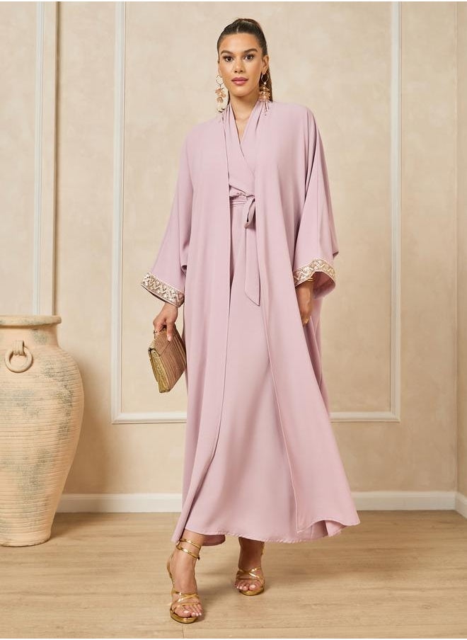 Styli Front Open Lace Detail Abaya and Halter Neck Inner Dress  - Image 1