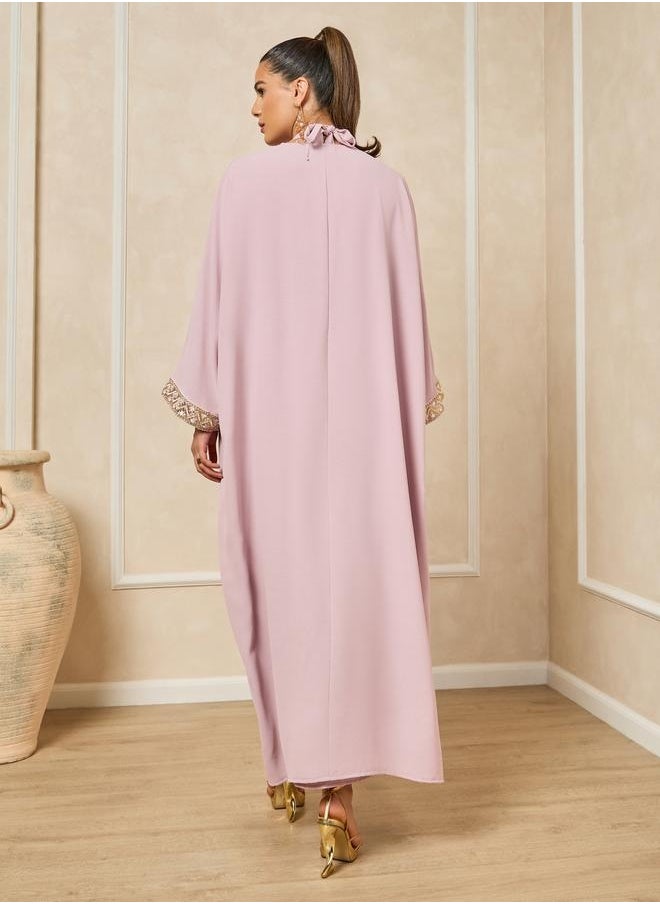 Styli Front Open Lace Detail Abaya and Halter Neck Inner Dress  - Image 5