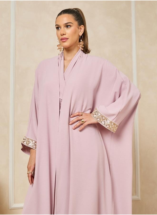Styli Front Open Lace Detail Abaya and Halter Neck Inner Dress  - Image 3