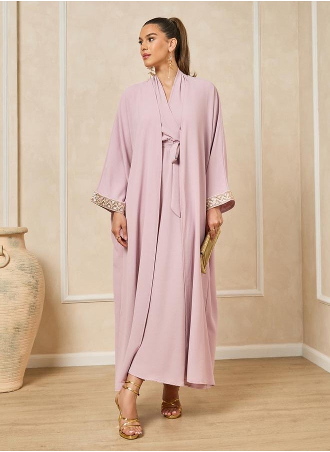 Styli Front Open Lace Detail Abaya and Halter Neck Inner Dress  - Image 2