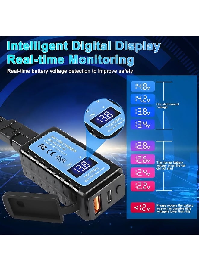 Barakah 4.8A Motorcycle Phone Charger, Waterproof Dual USB Quick Charge QC3.0 PD3.0 Adapter, SAE to USB with Voltmeter ON/OFF Switch, Universal for Phones, Tablets, GPS and More (Black) - Image 4