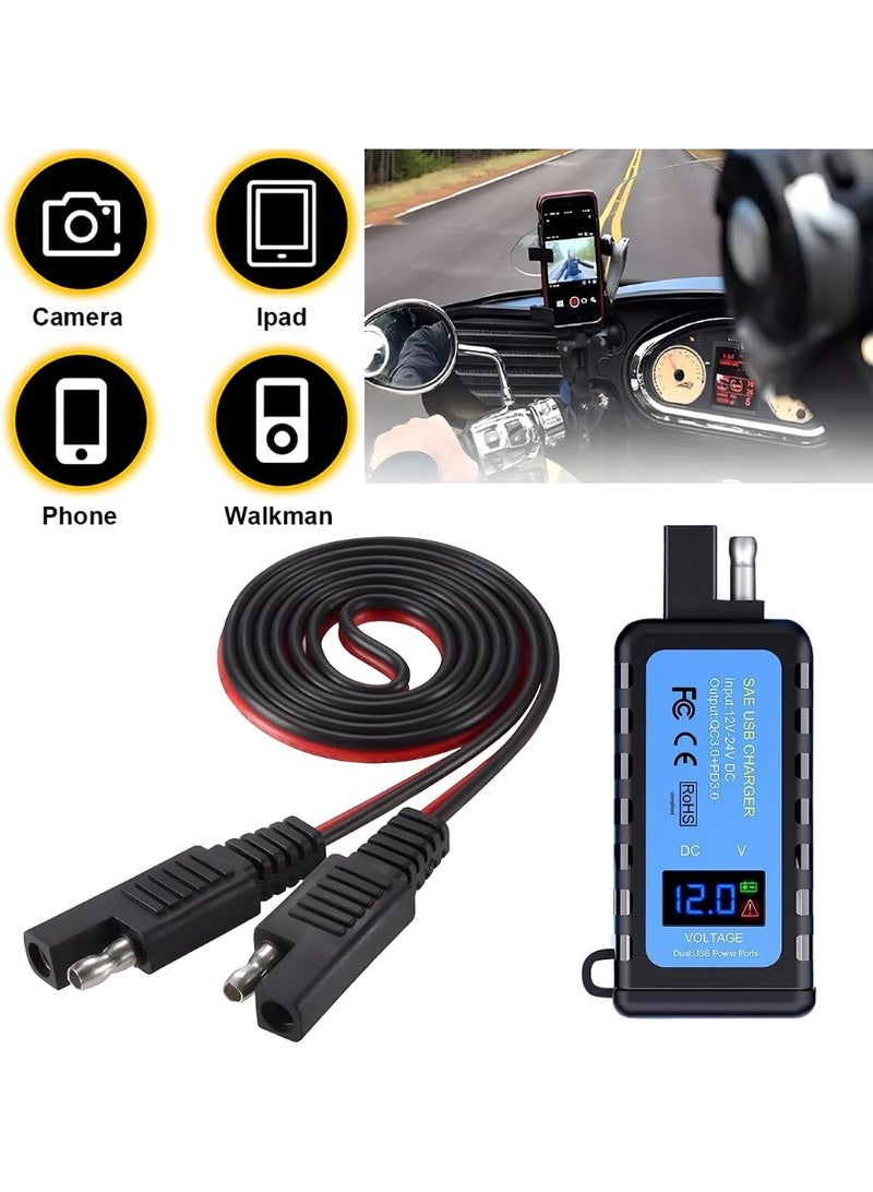 Barakah 4.8A Motorcycle Phone Charger, Waterproof Dual USB Quick Charge QC3.0 PD3.0 Adapter, SAE to USB with Voltmeter ON/OFF Switch, Universal for Phones, Tablets, GPS and More (Black) - Image 1