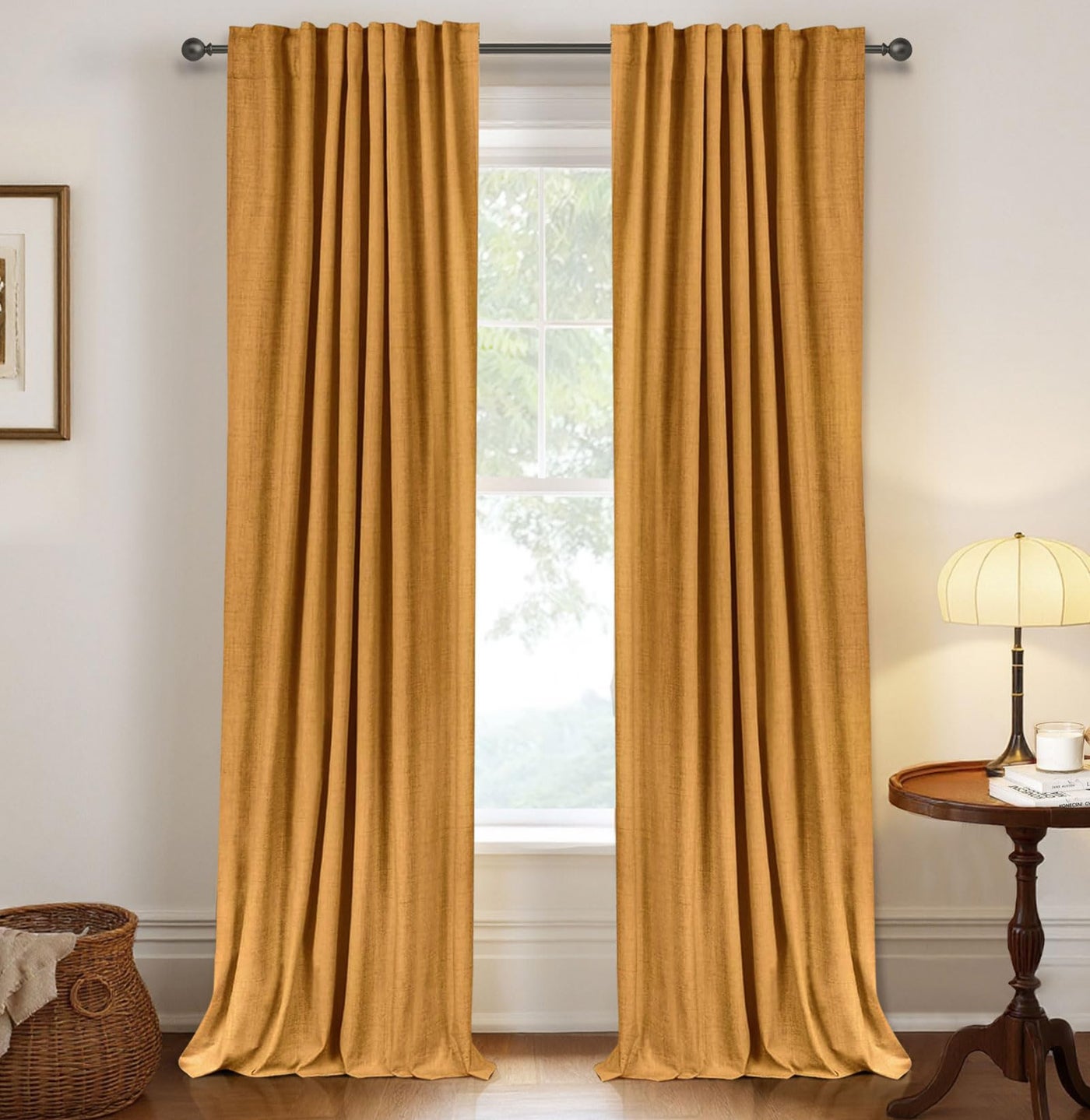 100% Blackout Shield Linen Blackout Curtains for Bedroom 84 Inches Long,Back Tab/Rod Pocket Living Room Drapes,Thermal Insulated Textured Blackout Curtains 2 Panels Set,50" W x 84" L,Mustard Yellow