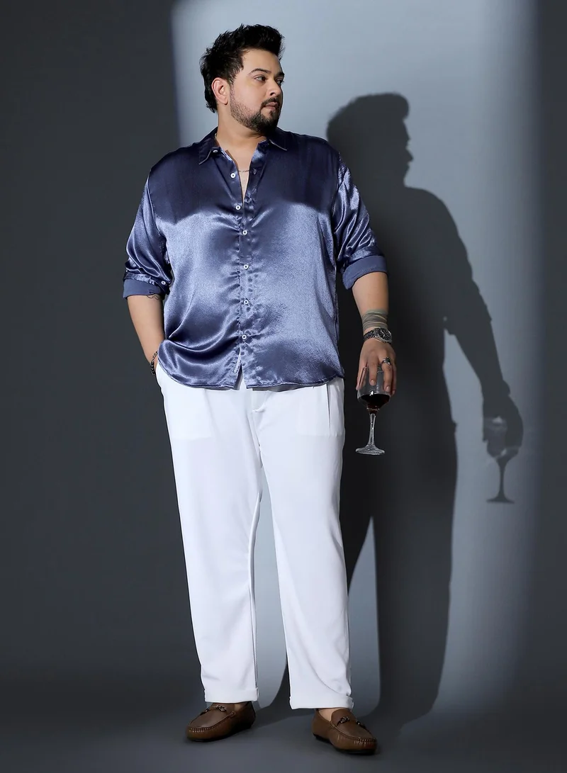 Instafab Plus  Instafab Plus Men Solid-Satin Regular Shirt | Spread Collar , Long Cuffed Sleeves | Button Closure , Curved Hem | Solid Plain Material | Woven Fabric For Party & Evening Wear | Navy Blue for Men | Best Price UAE