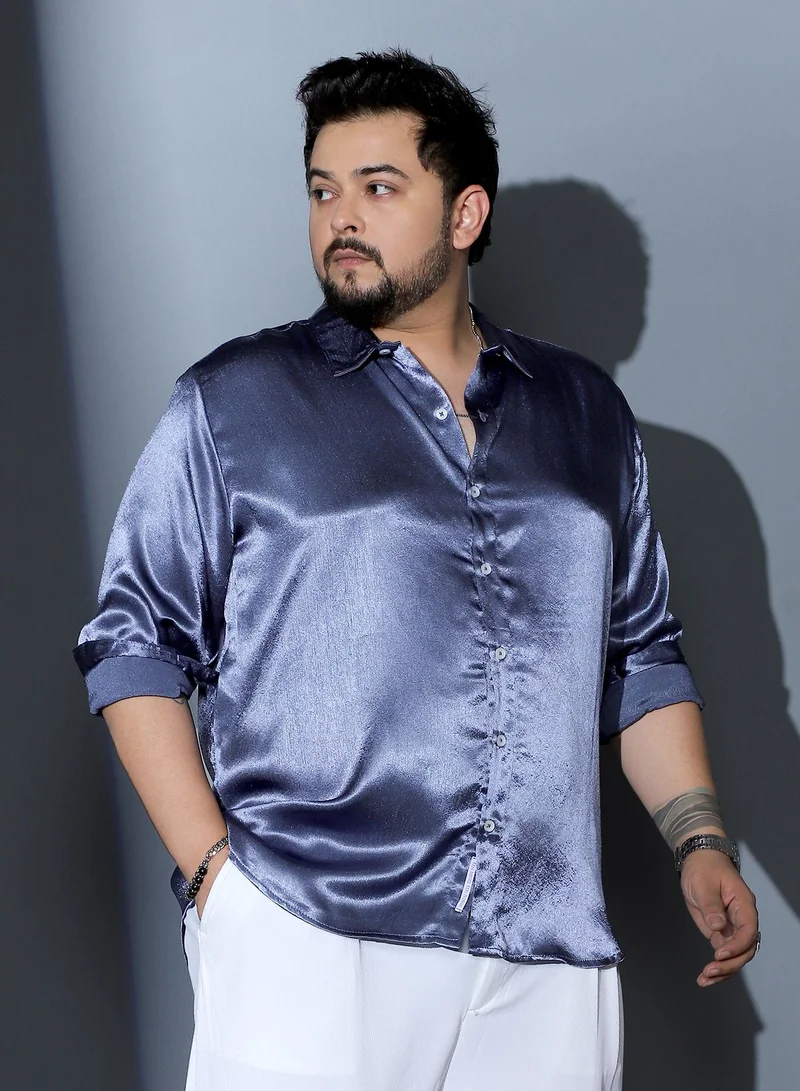 Instafab Plus  Instafab Plus Men Solid-Satin Regular Shirt | Spread Collar , Long Cuffed Sleeves | Button Closure , Curved Hem | Solid Plain Material | Woven Fabric For Party & Evening Wear | Navy Blue for Men | Best Price UAE