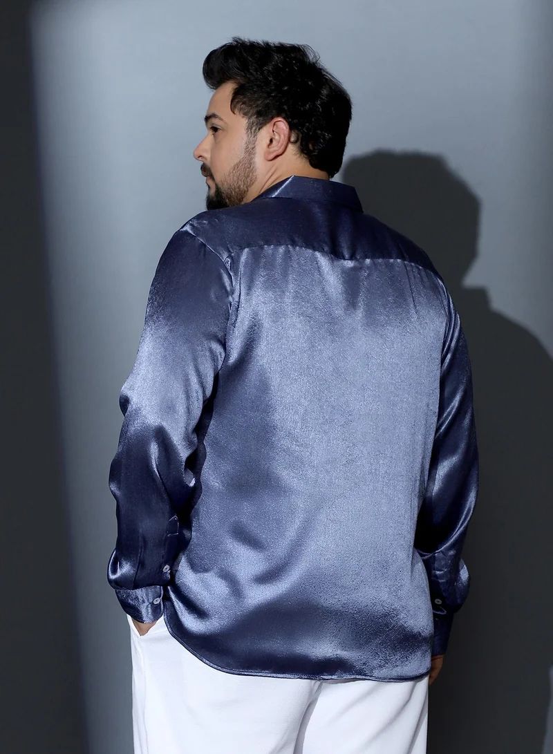 Instafab Plus  Instafab Plus Men Solid-Satin Regular Shirt | Spread Collar , Long Cuffed Sleeves | Button Closure , Curved Hem | Solid Plain Material | Woven Fabric For Party & Evening Wear | Navy Blue for Men | Best Price UAE