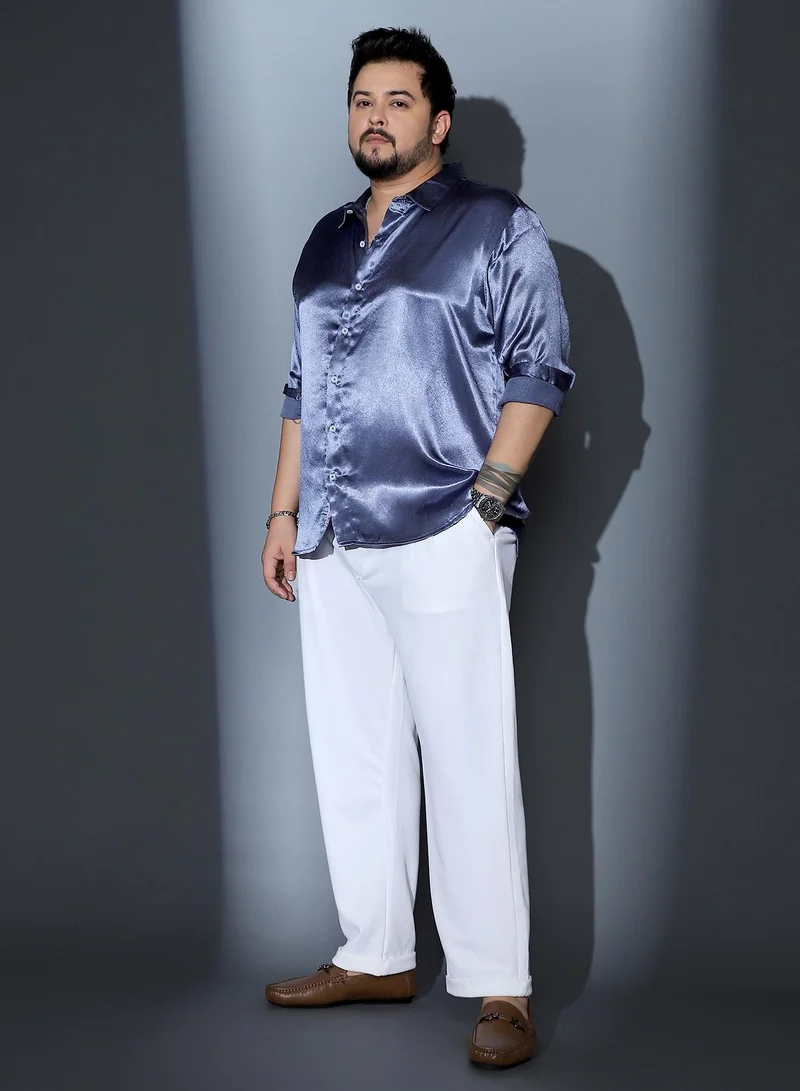 Instafab Plus  Instafab Plus Men Solid-Satin Regular Shirt | Spread Collar , Long Cuffed Sleeves | Button Closure , Curved Hem | Solid Plain Material | Woven Fabric For Party & Evening Wear | Navy Blue for Men | Best Price UAE