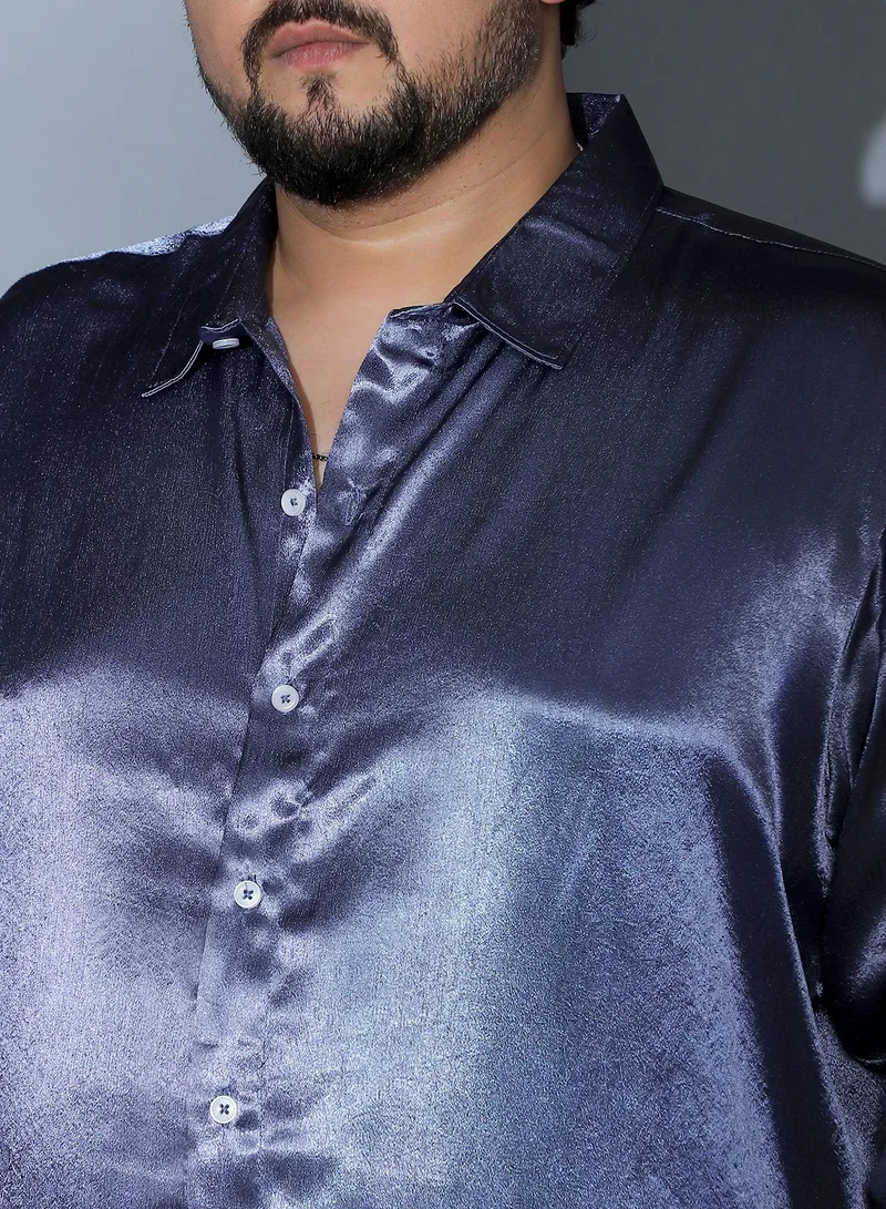Instafab Plus  Instafab Plus Men Solid-Satin Regular Shirt | Spread Collar , Long Cuffed Sleeves | Button Closure , Curved Hem | Solid Plain Material | Woven Fabric For Party & Evening Wear | Navy Blue for Men | Best Price UAE
