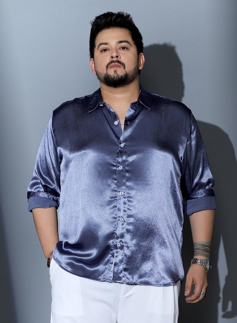 Instafab Plus Men Solid-Satin Regular Shirt | Spread Collar , Long Cuffed Sleeves | Button Closure , Curved Hem | Solid Plain Material | Woven Fabric For Party & Evening Wear | Navy Blue - Image 1