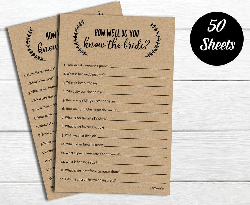 All-Ewired-Up How Well Do You Know The Bride - Kraft (50-Sheets) Rustic Bridal Wedding Shower or Bachelorette Party Game, Who Knows The Bride Best Couples Guessing Question Pack Engagement (Large Sheet Size) - Image 4