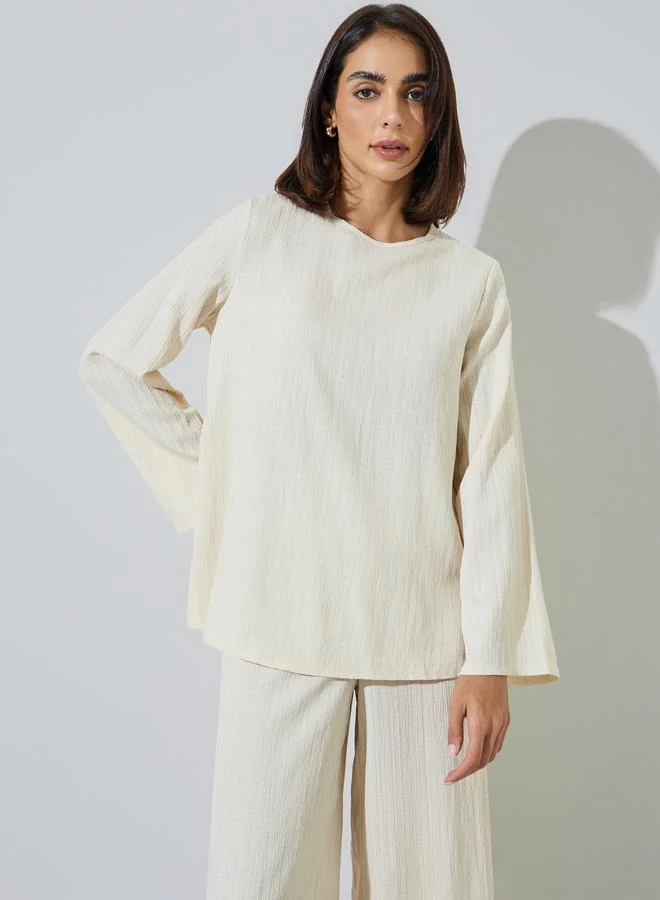 أميرة Cream Textured Long Top and Wide-Leg Trousers Modest Set