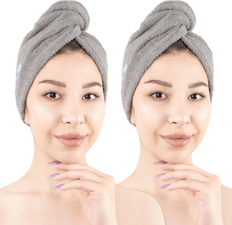 American Soft Linen 100 Cotton Hair Towels for Women Head Towel Cap Cotton Hair Turban Towel Wrap for Long Curly Anti Frizz Hair Soft and Absorbent Cotton Hair Towels 2 Pack Light Gray