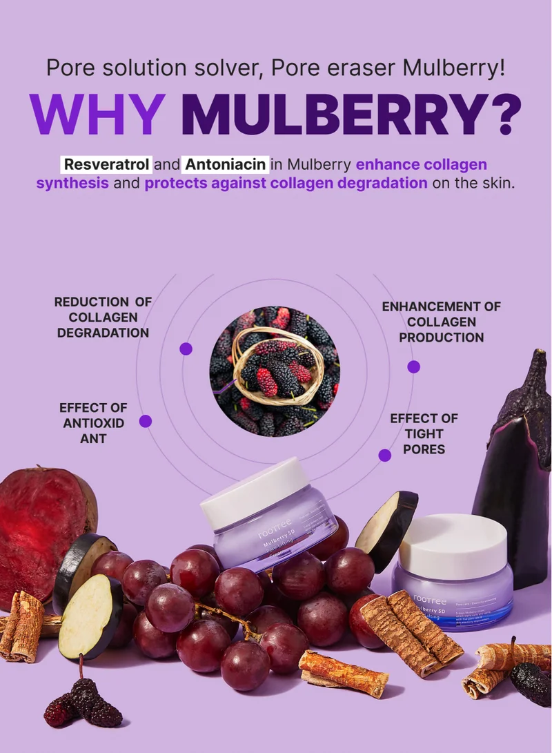 rootree Mulberry 5D Pore Lifting Cream - Anti Aging Korean Skincare, Wrinkle Improvement, Nourishing and Revitalising, Vegan & Cruelty Free