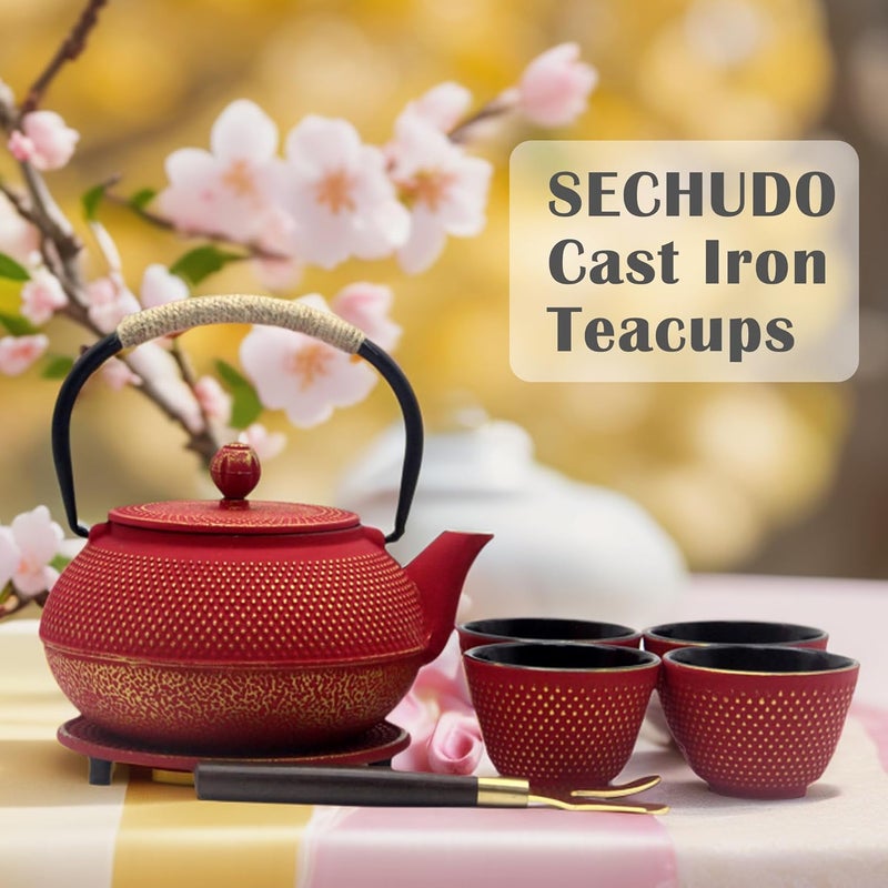 SECHUDO Japanese Cast Iron Tea Cups Small and Heavy Teacups with no Handles Japanese Style Cups for Adults Asian Teacup Coated with Enameled Interior 4 PcsBox Red 2oz60ml - Image 2