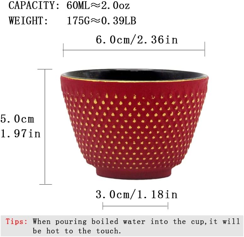 SECHUDO Japanese Cast Iron Tea Cups Small and Heavy Teacups with no Handles Japanese Style Cups for Adults Asian Teacup Coated with Enameled Interior 4 PcsBox Red 2oz60ml - Image 5