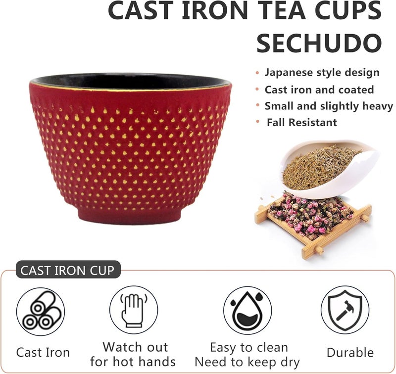 SECHUDO Japanese Cast Iron Tea Cups Small and Heavy Teacups with no Handles Japanese Style Cups for Adults Asian Teacup Coated with Enameled Interior 4 PcsBox Red 2oz60ml - Image 3