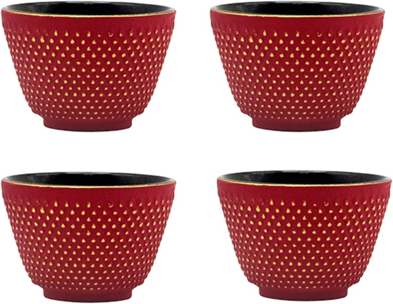 SECHUDO Japanese Cast Iron Tea Cups Small and Heavy Teacups with no Handles Japanese Style Cups for Adults Asian Teacup Coated with Enameled Interior 4 PcsBox Red 2oz60ml - Image 1