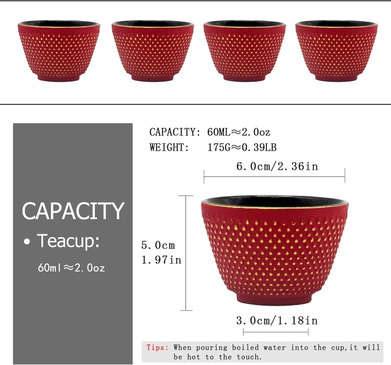 SECHUDO Japanese Cast Iron Tea Cups Small and Heavy Teacups with no Handles Japanese Style Cups for Adults Asian Teacup Coated with Enameled Interior 4 PcsBox Red 2oz60ml - Image 4
