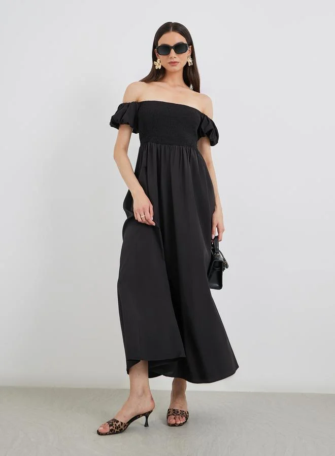 Take Two Take Two Solid Puff Sleeve Smocked Detail Midi Dress