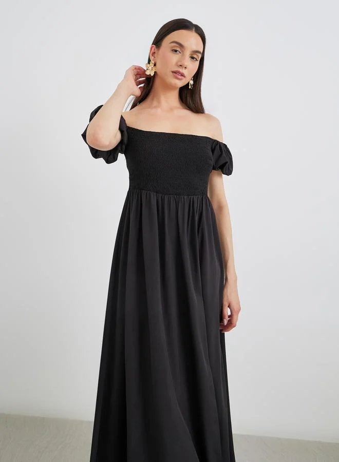 Take Two Take Two Solid Puff Sleeve Smocked Detail Midi Dress
