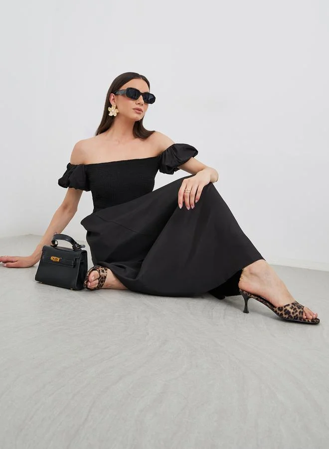 Take Two Take Two Solid Puff Sleeve Smocked Detail Midi Dress
