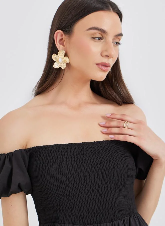 Take Two Take Two Solid Puff Sleeve Smocked Detail Midi Dress