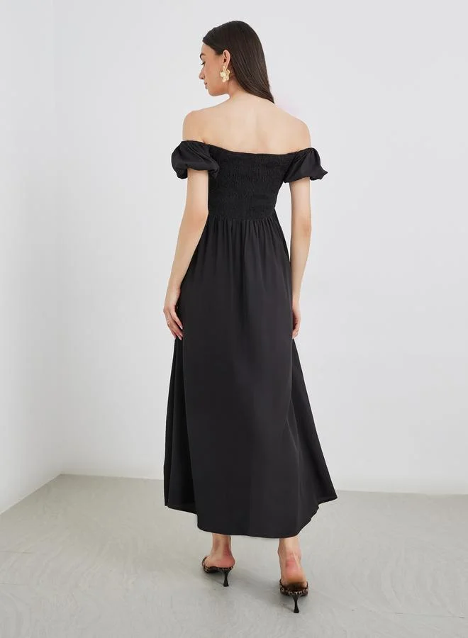 Take Two Take Two Solid Puff Sleeve Smocked Detail Midi Dress