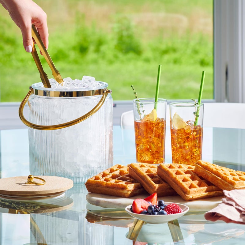 Le'raze Glass Ice Bucket with Airtight Lid, Tong Scooper and Handle - 3L Ribbed Beverage Tub Cocktail Home Bar Accessories, Wine, Beer Chiller for Parties, Champagne Drink Cooler Hinged Handles - Image 2