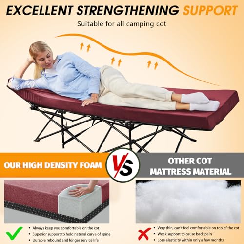 CYMULA Camping Cot Mattress 2in Memory Foam Sleeping Pad,Soft Warm Non-Slip Camping Mattress Topper with Retaining for Adults,Portable Roll up Pad for Travel(Wine red 75"x30") - Image 2